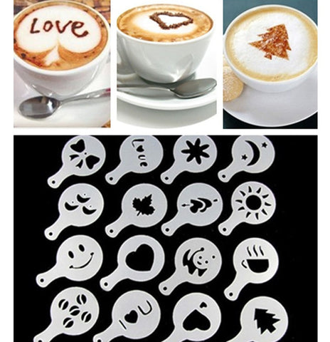 16Pcs Coffee Latte Cappuccino Barista Art Stencils Cake Duster Templates Coffee Tools Accessories